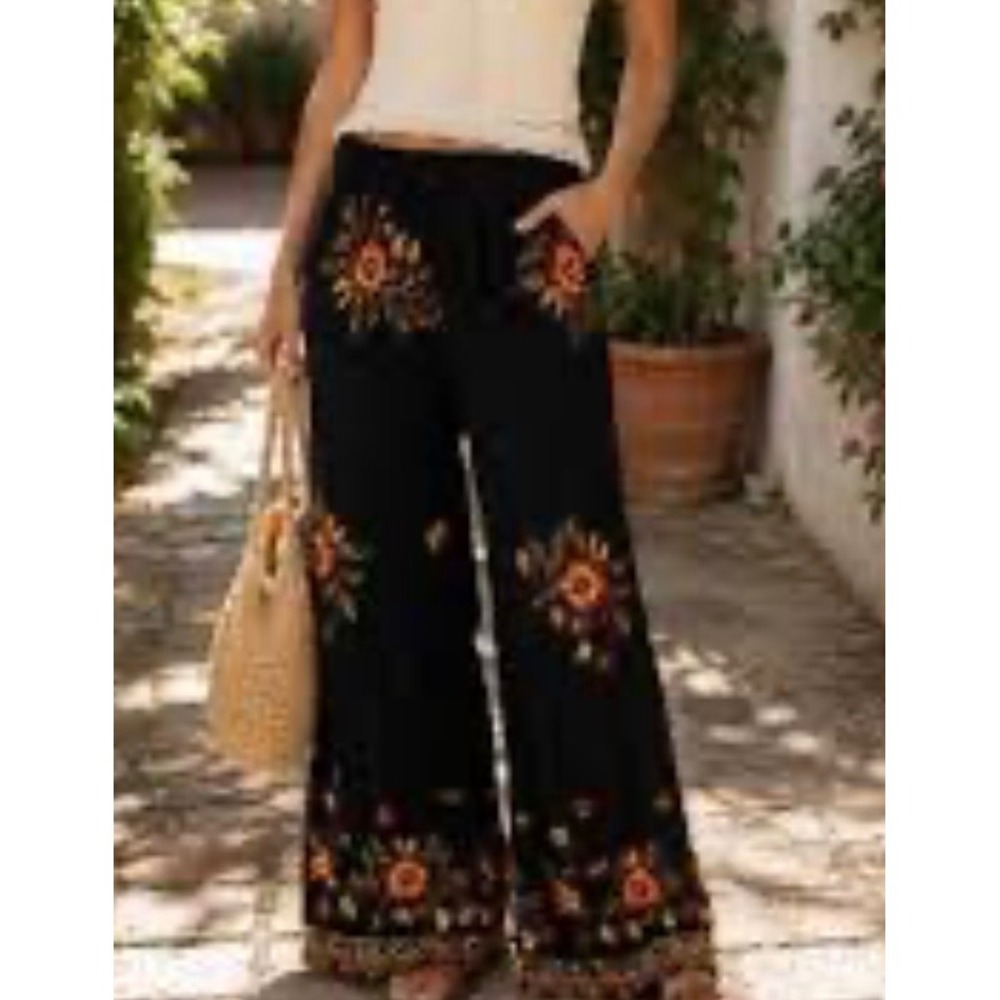 Liv Los Angeles Black Floral Embroidered Wide Leg Pants Small Style 4208